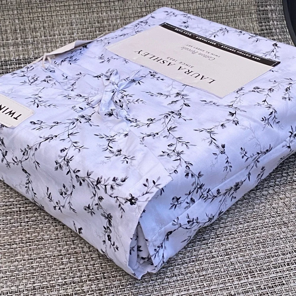 Laura Ashley Black White Floral Cotton Percale TWIN XL Sheet Set 3pc